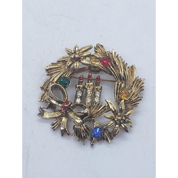 Vintage Brooch Christmas Wreath Candles Ornaments Gold Tone Rhinestones Beatrix - Picture 7 of 7
